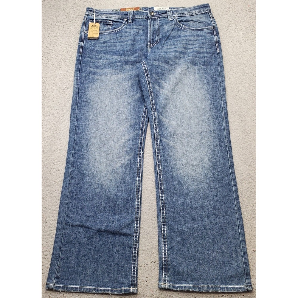 Axel Slim Bootcut Jeans Mens 38X32 Blue Stretch Faded Whiskered Contrast Stitch